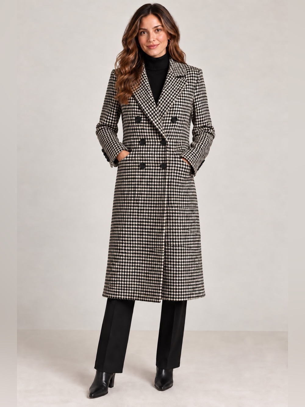 Banana Republic Petite XS Houndstooth Wool Blend Double Breasted Long Coat